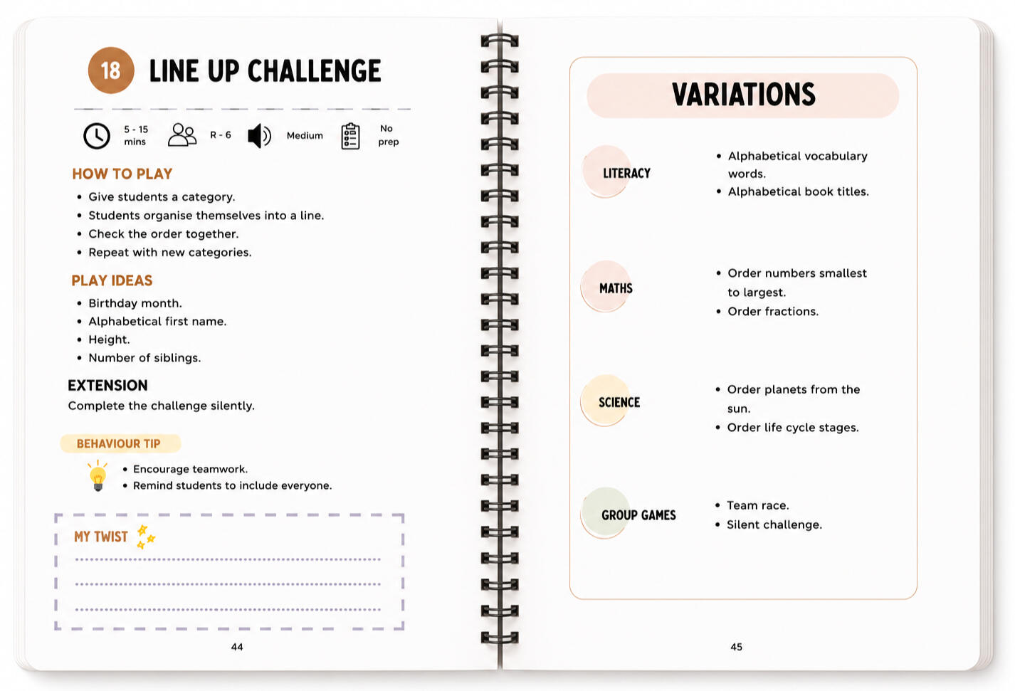 The ultimate relief teacher resource packed with no-prep classroom games, activity variations, teacher tips and templates. Created for Australian F–12 teachers who need simple, engaging ideas that work in any classroom.