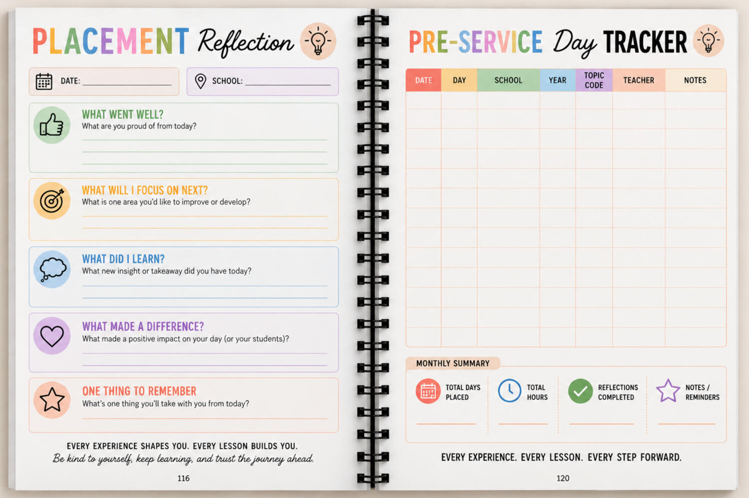 Placement Reflection and Pre-Service Day tracking perfect for your teaching placement.