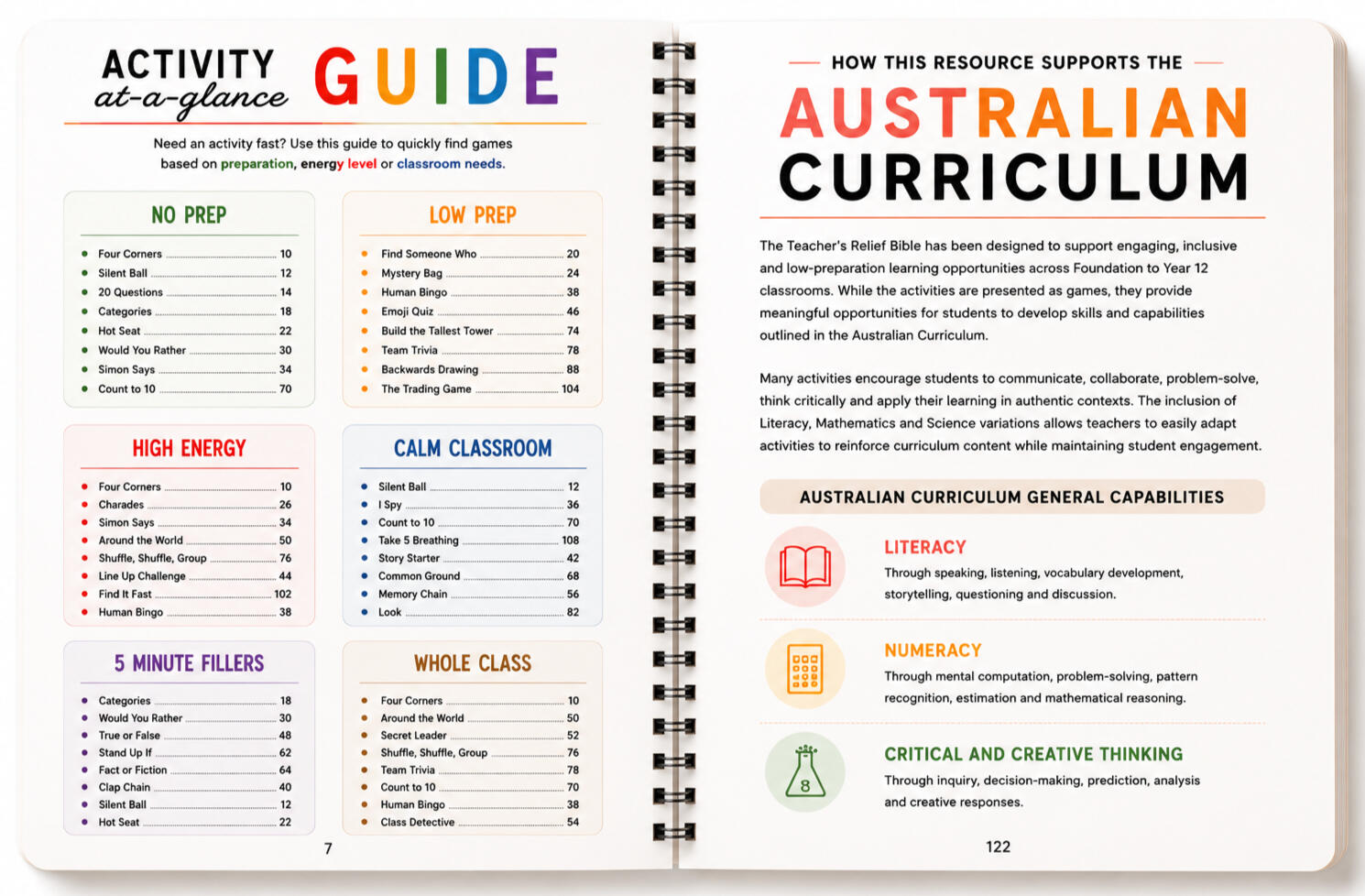 The Teacher’s Relief Bible activity guide and Australian Curriculum linked resource featuring no-prep classroom games and activities for Australian relief teachers, casual teachers and F–12 classrooms.