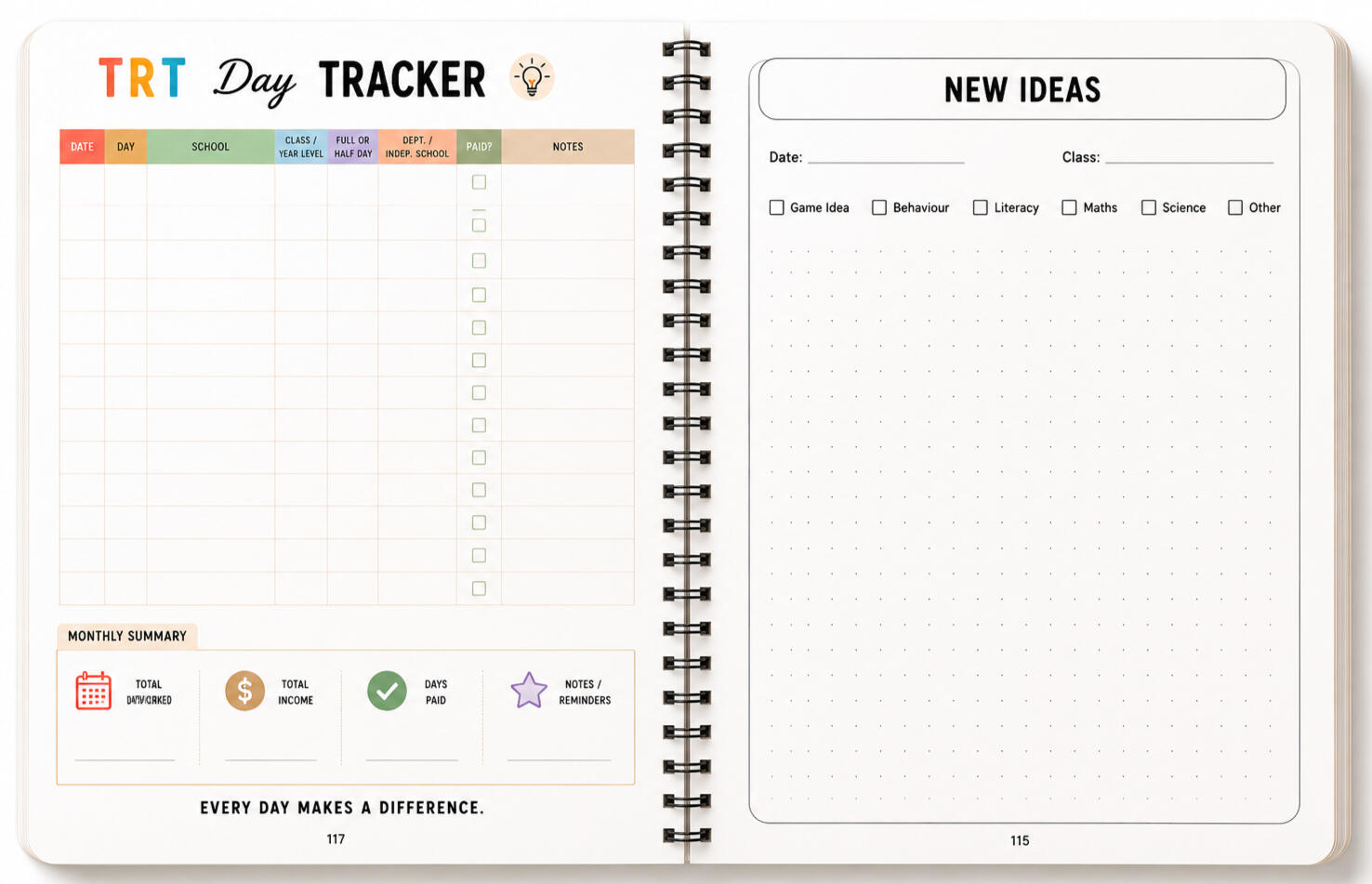 Relief teacher resource booklet with TRT day tracker, planning templates and classroom organisation pages designed for Australian relief teachers, casual teachers and graduate teachers.